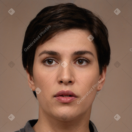 Neutral white young-adult female with short  brown hair and brown eyes