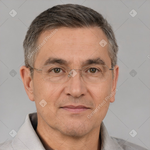 Neutral white middle-aged male with short  brown hair and brown eyes