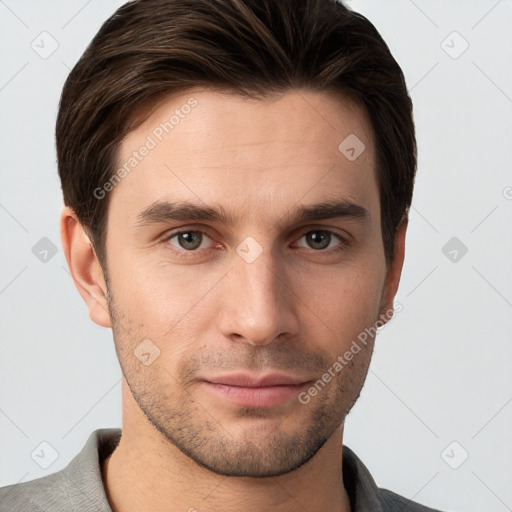 Neutral white young-adult male with short  brown hair and brown eyes