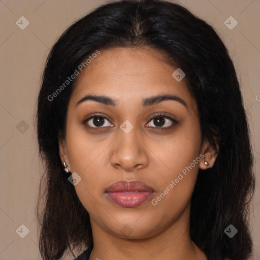Neutral latino young-adult female with long  brown hair and brown eyes