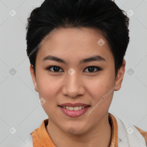 Joyful asian young-adult female with short  brown hair and brown eyes