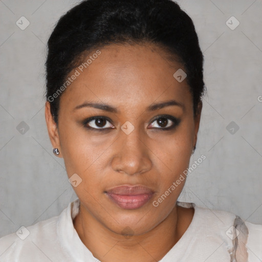 Neutral black young-adult female with short  black hair and brown eyes