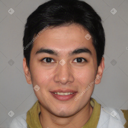 Joyful latino young-adult male with short  brown hair and brown eyes