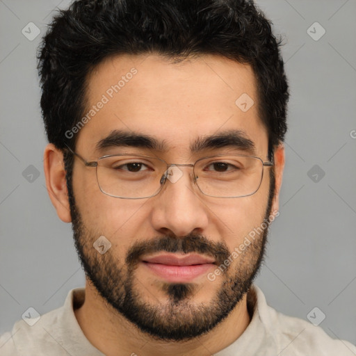 Joyful white young-adult male with short  black hair and brown eyes