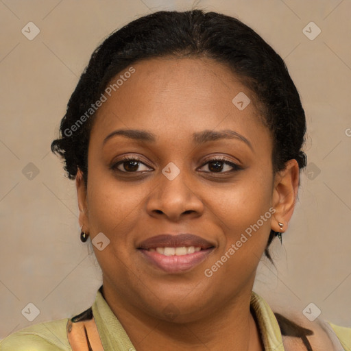 Joyful latino young-adult female with short  brown hair and brown eyes