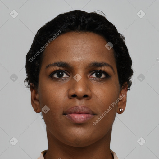 Neutral black young-adult female with short  brown hair and brown eyes