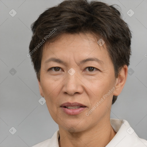 Joyful white adult female with short  brown hair and brown eyes