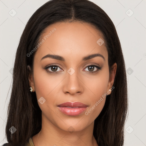 Neutral latino young-adult female with long  brown hair and brown eyes