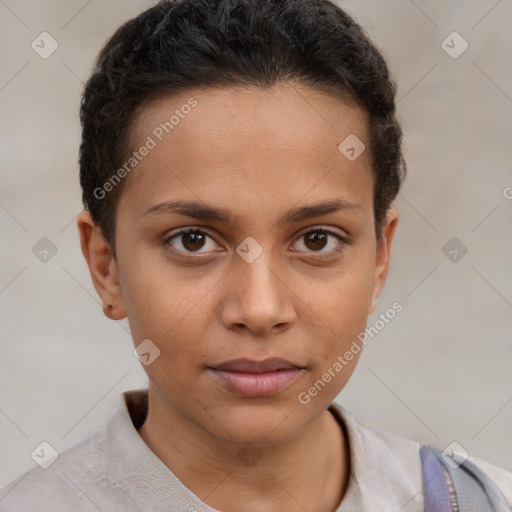 Neutral white young-adult female with short  brown hair and brown eyes