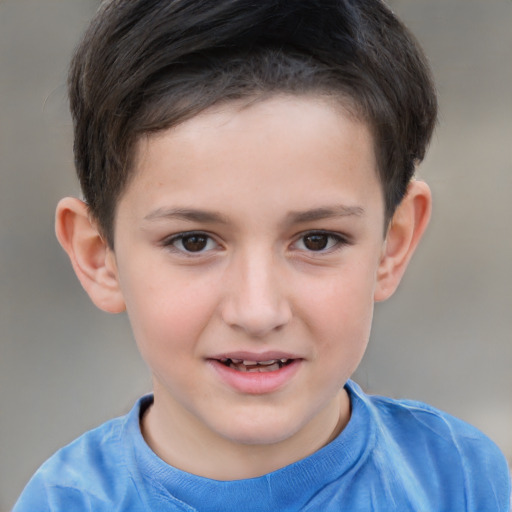 Joyful white child female with short  brown hair and brown eyes