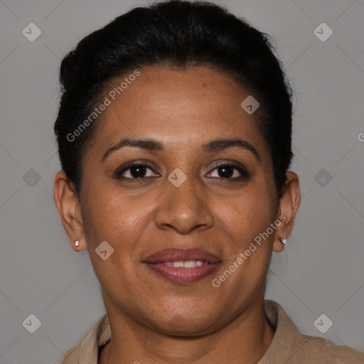 Joyful latino young-adult female with short  brown hair and brown eyes