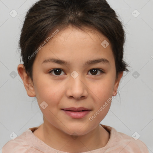 Joyful white child female with short  brown hair and brown eyes