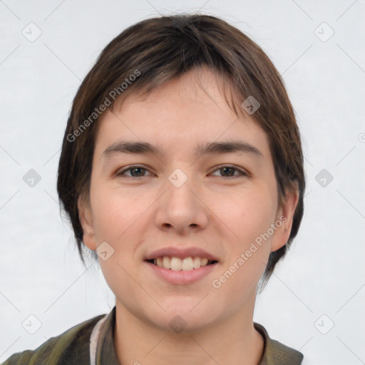 Joyful white young-adult female with medium  brown hair and brown eyes