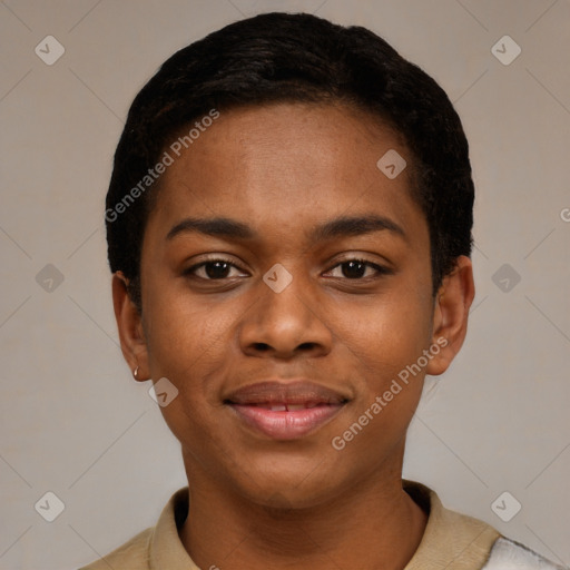 Joyful black young-adult female with short  black hair and brown eyes