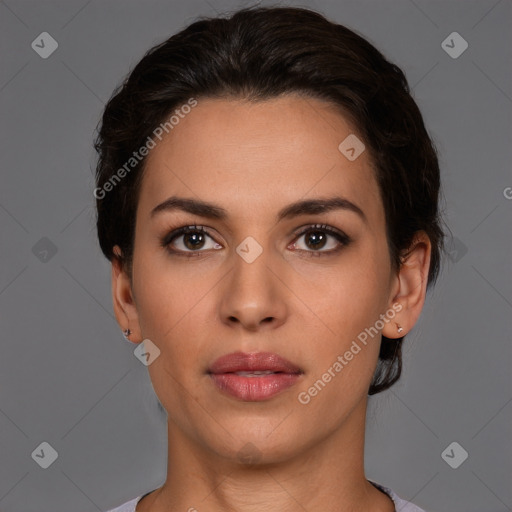 Neutral white young-adult female with short  brown hair and brown eyes