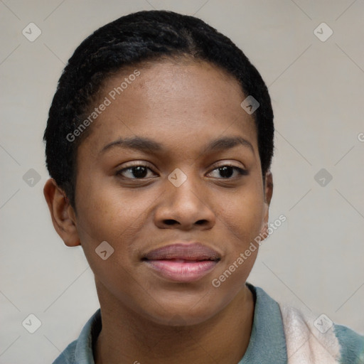 Joyful black young-adult female with short  brown hair and brown eyes