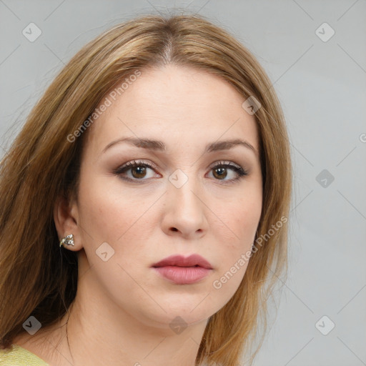 Neutral white young-adult female with medium  brown hair and brown eyes