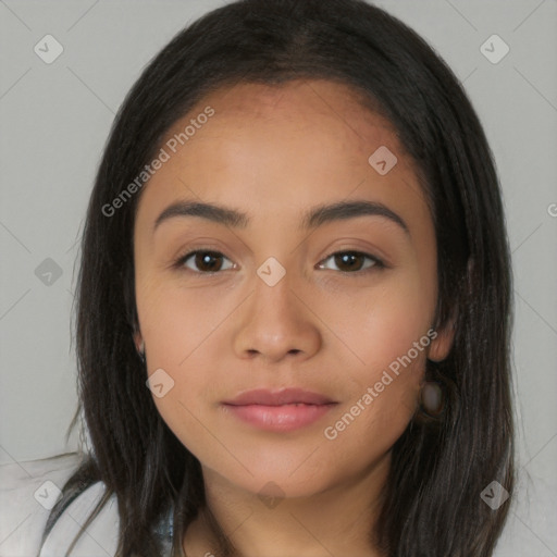 Neutral latino young-adult female with long  black hair and brown eyes