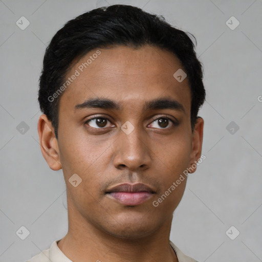 Neutral latino young-adult male with short  black hair and brown eyes