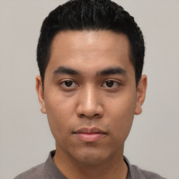 Neutral asian young-adult male with short  black hair and brown eyes