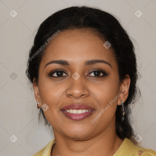 Joyful black young-adult female with medium  brown hair and brown eyes