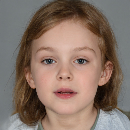 Neutral white child female with medium  brown hair and blue eyes