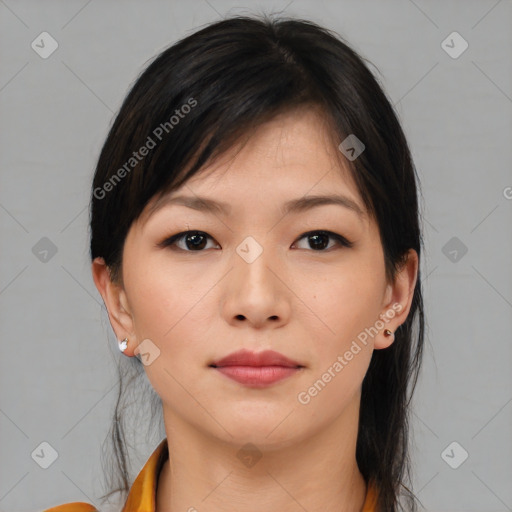 Neutral asian young-adult female with medium  brown hair and brown eyes