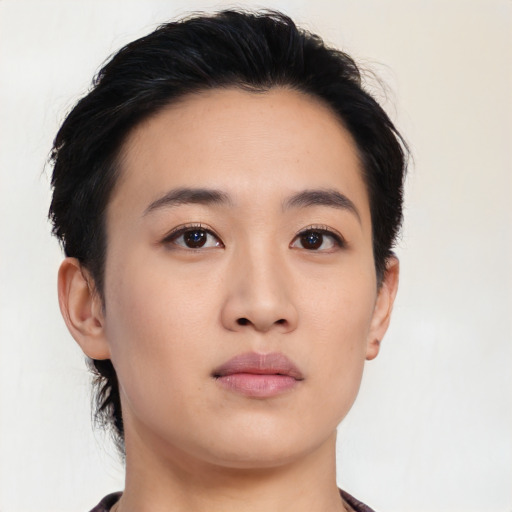 Neutral asian young-adult female with medium  black hair and brown eyes