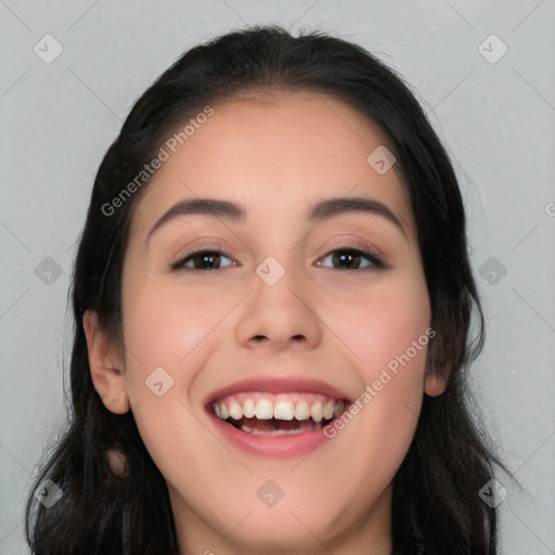 Joyful white young-adult female with long  black hair and brown eyes