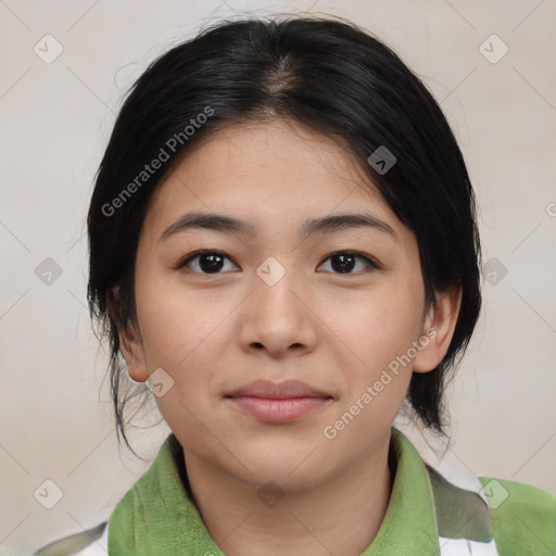 Joyful asian young-adult female with medium  black hair and brown eyes