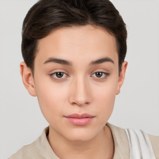 Neutral white young-adult female with short  brown hair and brown eyes