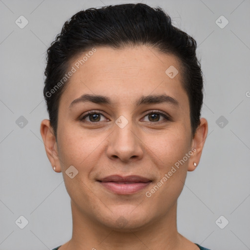 Joyful white young-adult female with short  brown hair and brown eyes