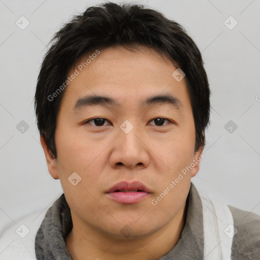 Neutral asian young-adult male with short  black hair and brown eyes