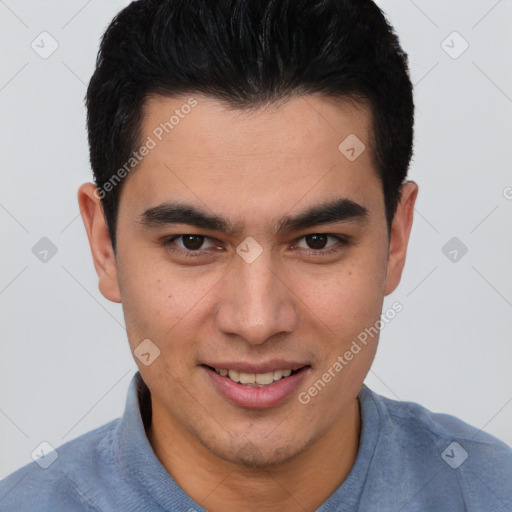 Joyful latino young-adult male with short  brown hair and brown eyes