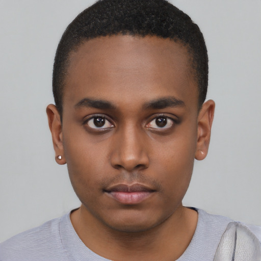 Neutral black young-adult male with short  black hair and brown eyes
