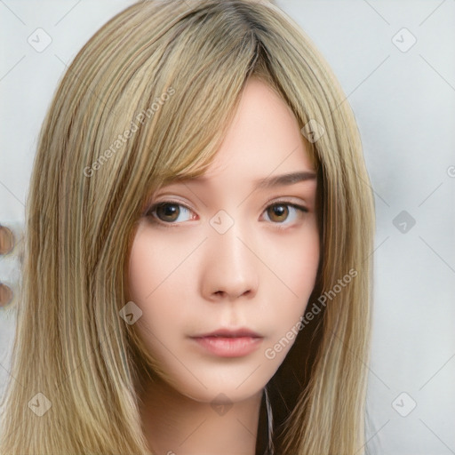 Neutral white young-adult female with long  brown hair and brown eyes