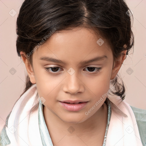 Joyful white child female with medium  brown hair and brown eyes