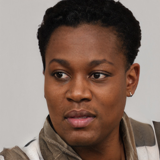 Neutral black young-adult female with short  black hair and brown eyes
