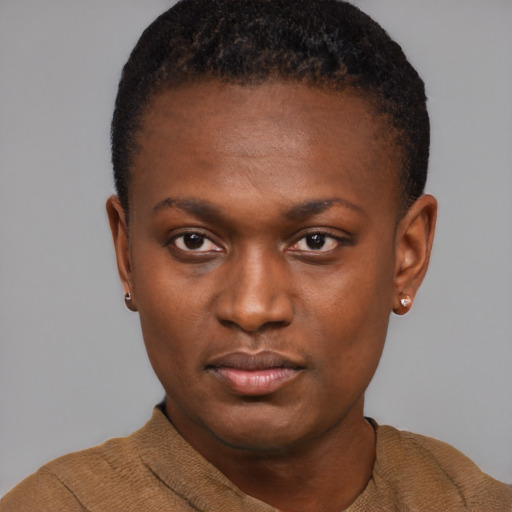 Neutral black young-adult female with short  black hair and brown eyes