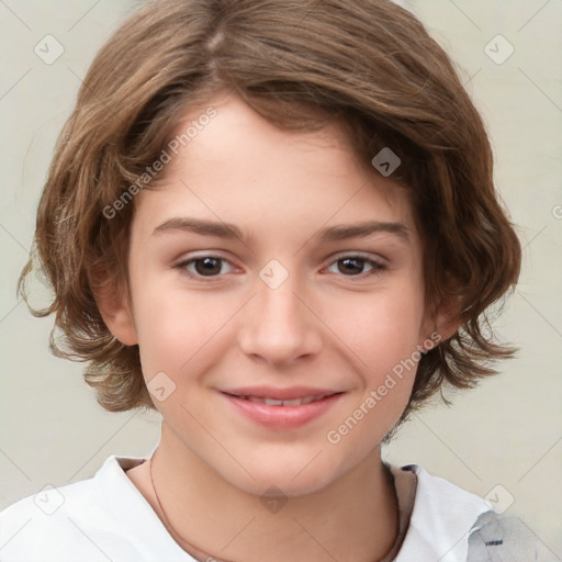 Joyful white child female with medium  brown hair and brown eyes