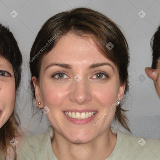 Joyful white young-adult female with medium  brown hair and blue eyes