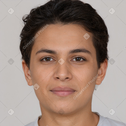 Joyful white young-adult female with short  brown hair and brown eyes