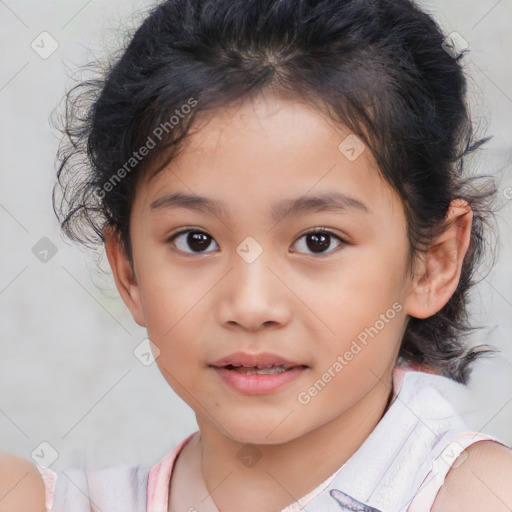 Joyful white child female with medium  brown hair and brown eyes