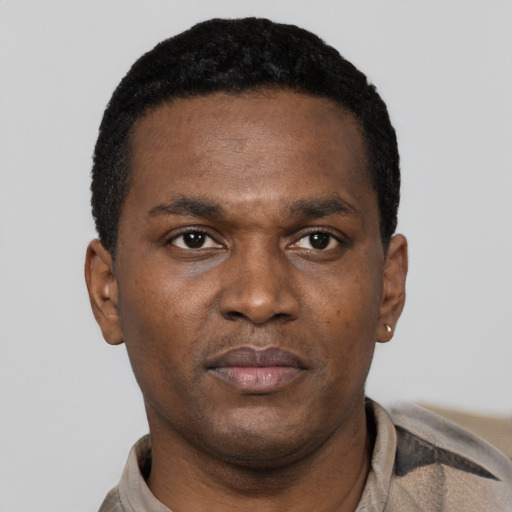 Neutral black young-adult male with short  black hair and brown eyes