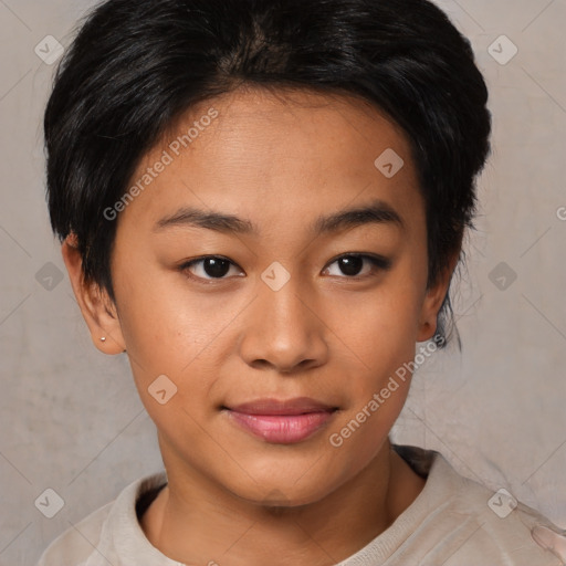 Joyful asian young-adult female with short  brown hair and brown eyes