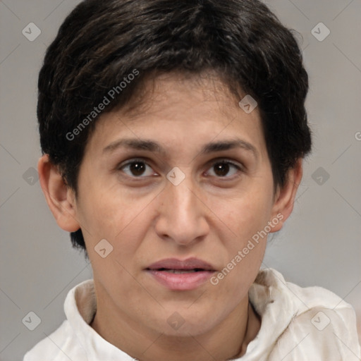 Joyful white adult female with short  brown hair and brown eyes