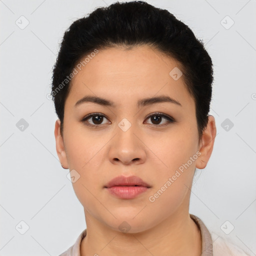 Neutral asian young-adult female with short  brown hair and brown eyes