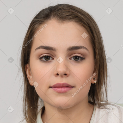 Neutral white young-adult female with medium  brown hair and brown eyes