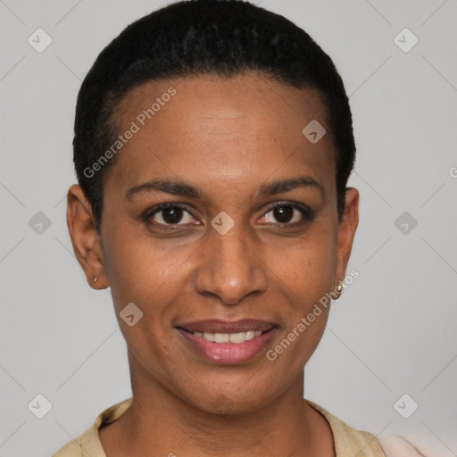 Joyful black young-adult female with short  black hair and brown eyes