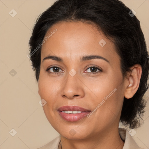 Joyful white adult female with medium  brown hair and brown eyes